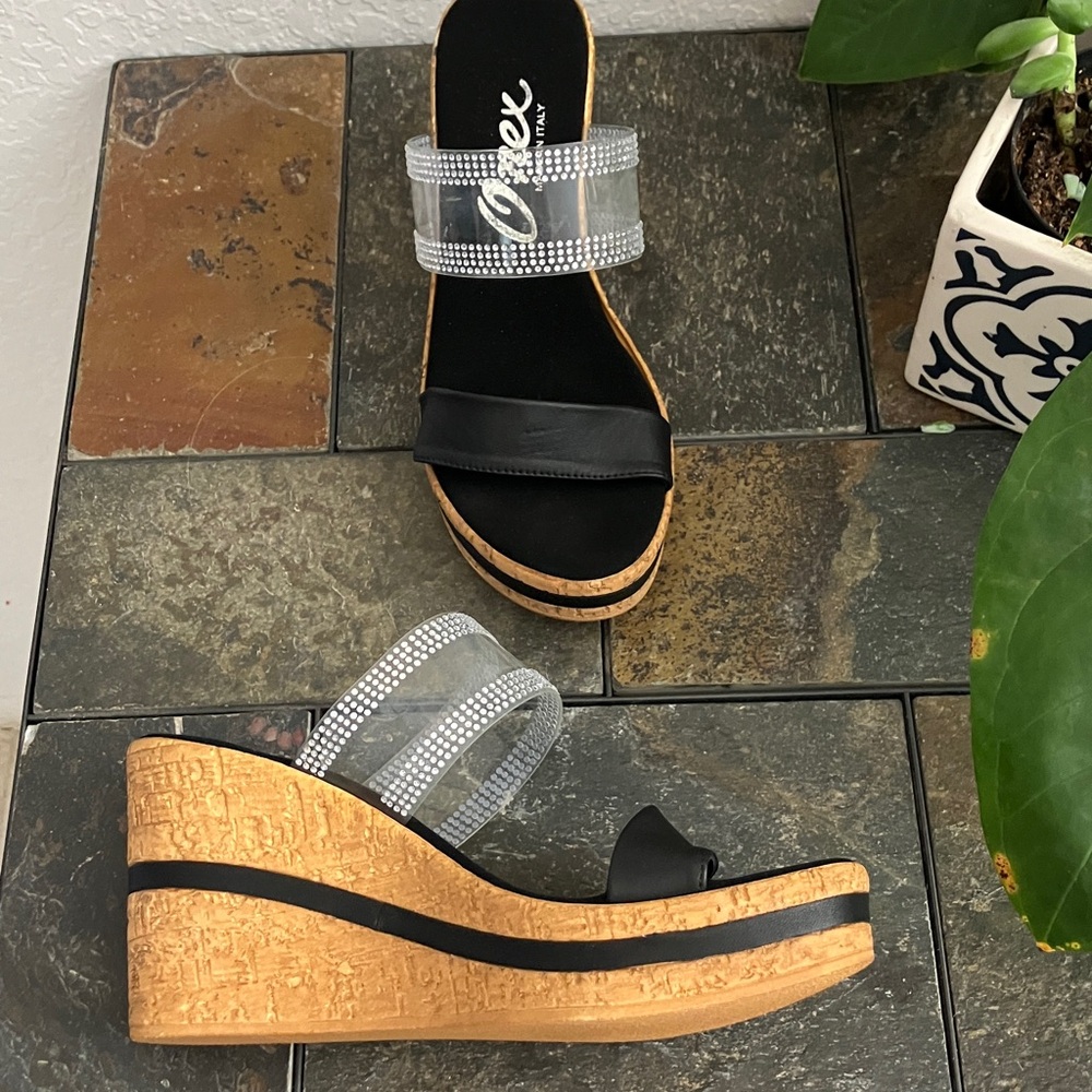 Onex Vanish NEW Black and Cork Wedge Sandals with Rhinestone Straps‎ Size 5
